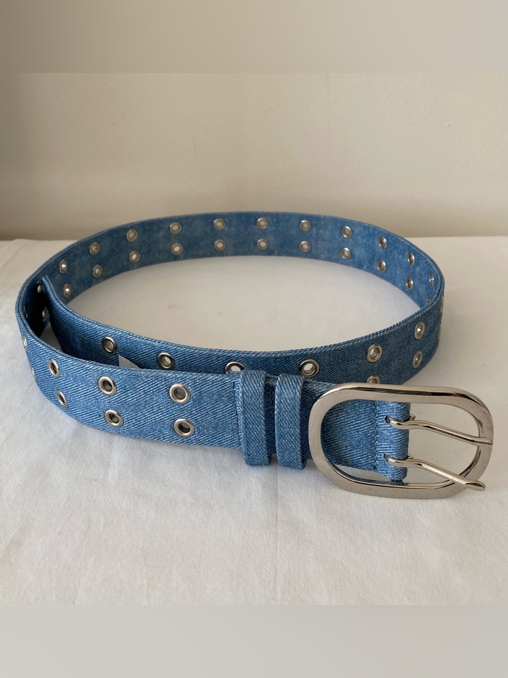 Light blue denim belt with silver buckle and double holes Size M